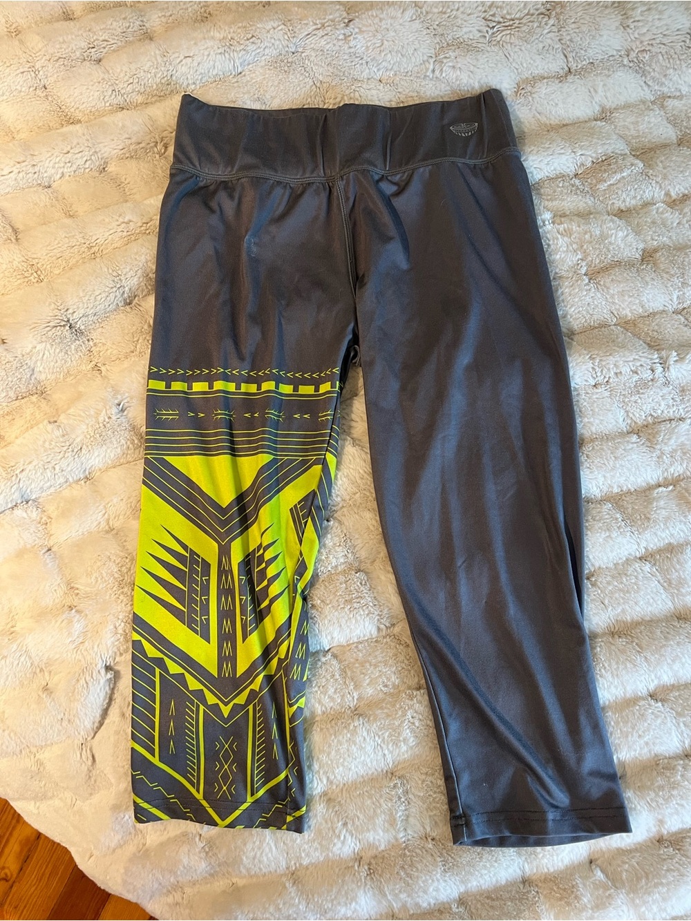 Women's Dark Gray Capri Leggings with Neon Yellow Tribal Panel Honolulu, HI